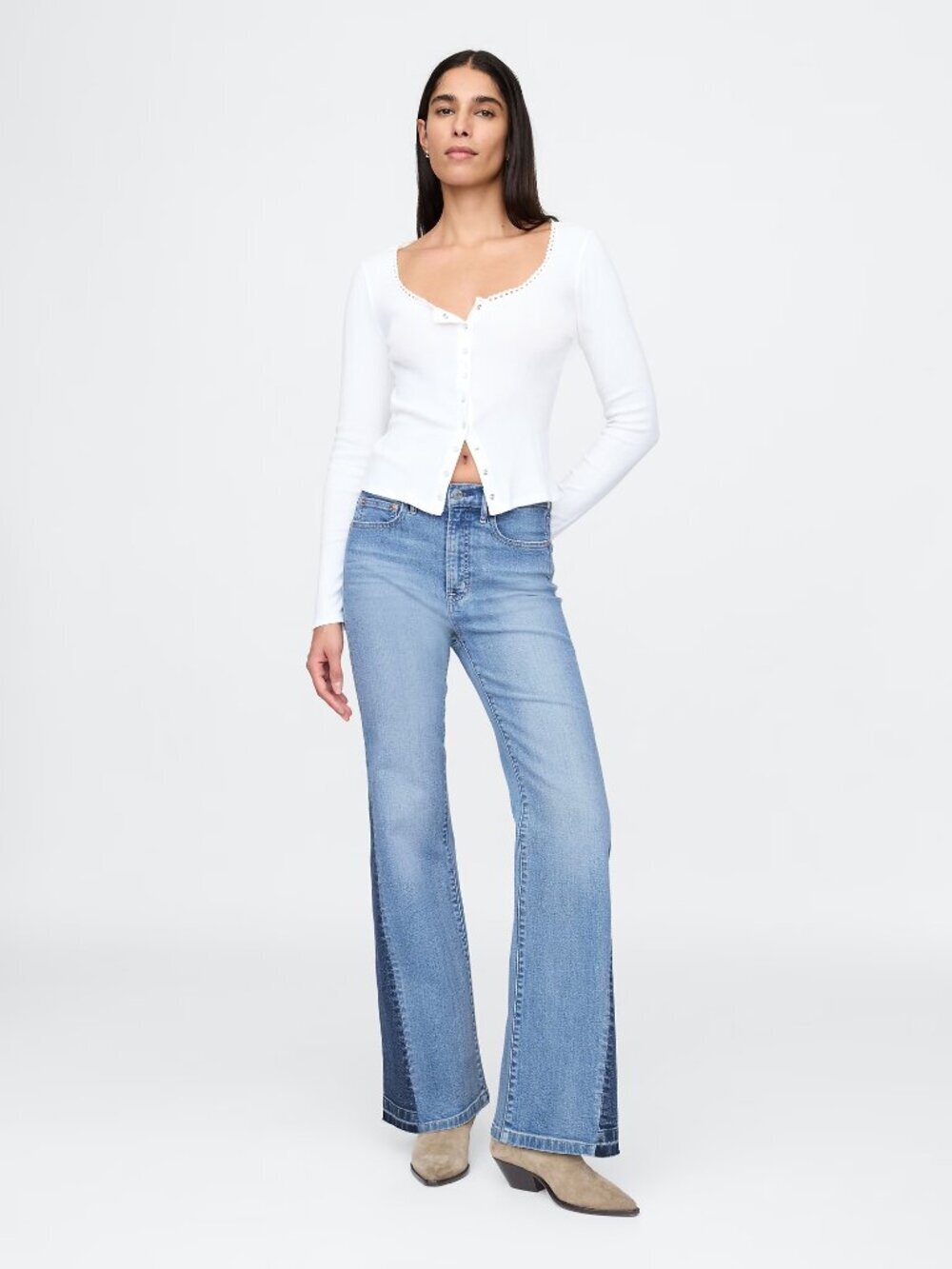 GAP 70's Flare Medium Patched High Rise Flared Leg Step Hem Jeans, Size 27/4